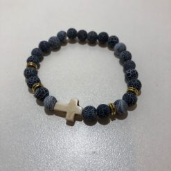BRACELET PIERRE BLEUE CRAQUELEE 8MM + CROIX SUR ELASTIQUE L